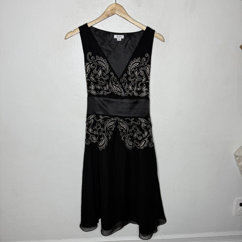 Liz And Co Y2K Black Embroidered Dress Sheer Overlay Women's 8 Paisley HOCO LBD